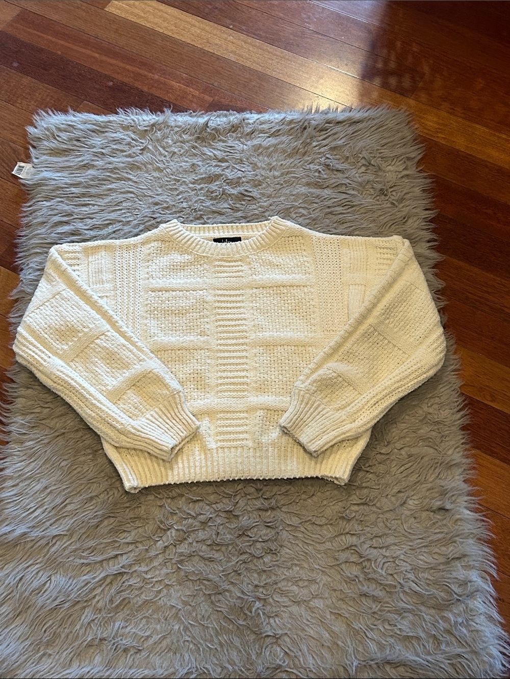 Lulus Snow Falling Ivory Patchwork Knit Balloon‎ Sleeve Sweater Size Large